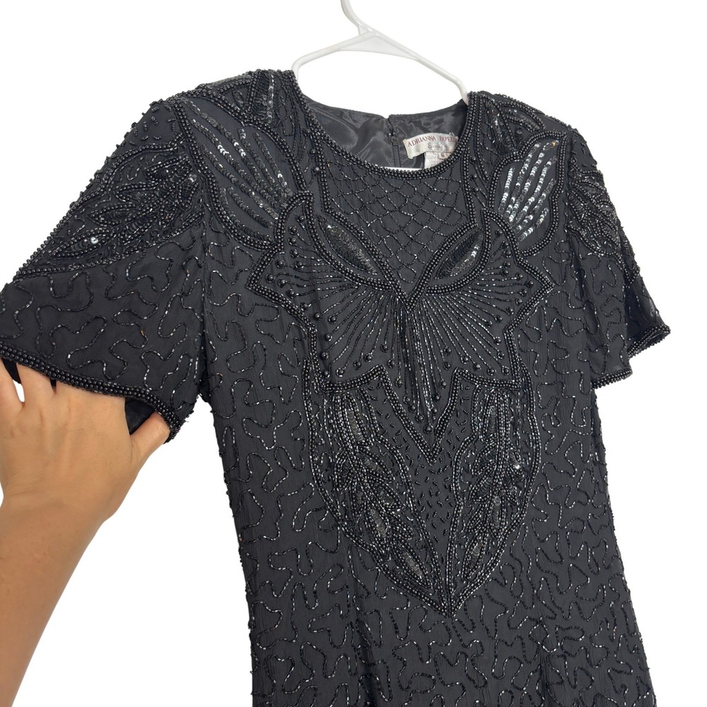 Adrianna Papell Evening Dress Womens 6 Black Beaded Silk Vintage Sheath Cocktail